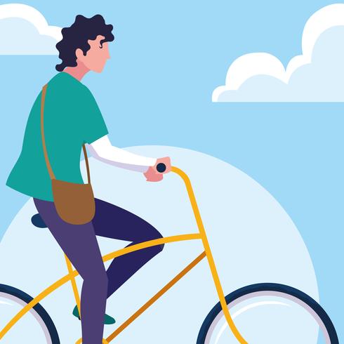 joven montando bicicleta con cielo y nubes vector