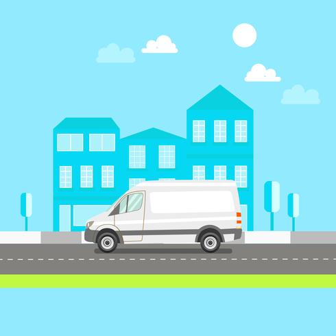 White Delivery Cargo Van in City Background vector