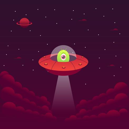 Green Monster Alien in a Red Spaceship vector