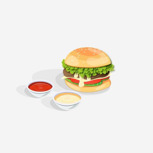 Realistic Double Hamburger with Cheese and Ketchup Dippings vector