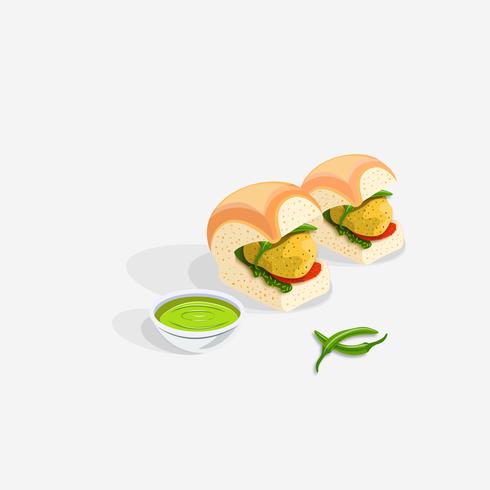 Indian Food Vada Pav with Mint Sauce vector