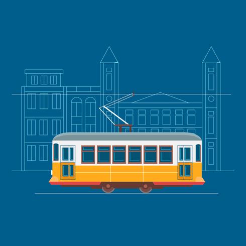 Retro Lisbon Tram Moving through the Street vector