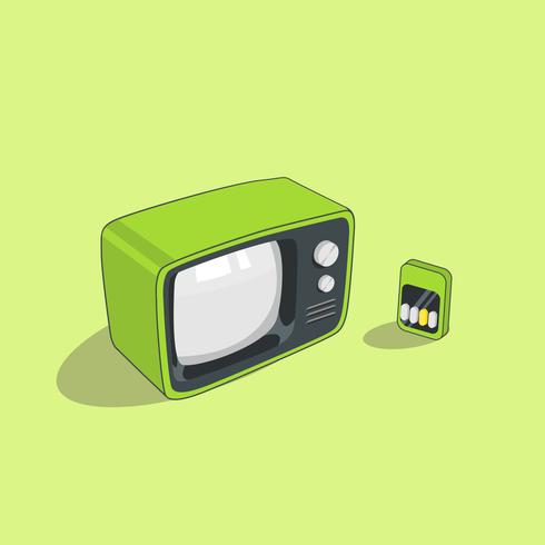 Televisión retro verde con control remoto aislado sobre fondo verde vector