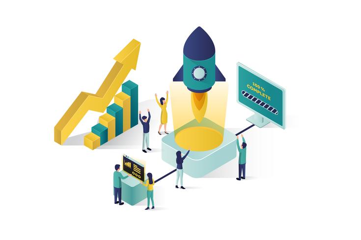 isometric vector illustration a group of people characters are preparing a business project start up