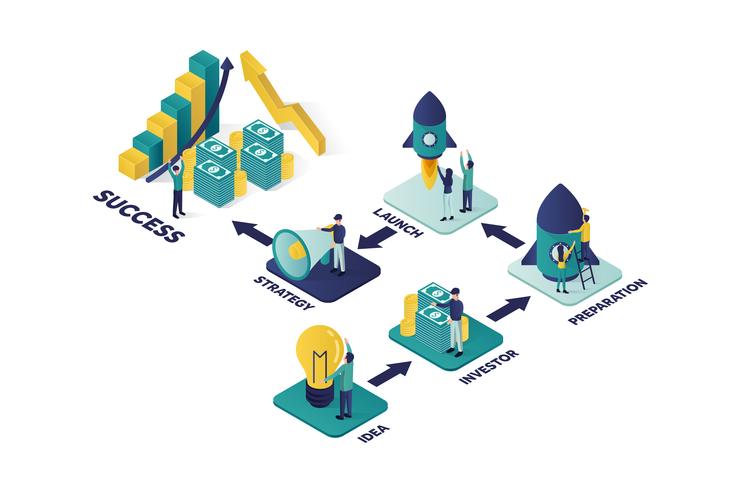 isometric vector illustration a group of people characters are preparing a business project start up