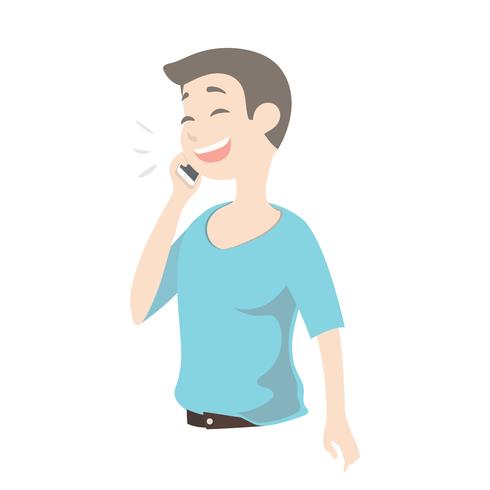 Joven lindo hombre hablando por teléfono inteligente, sonriendo niño feliz. vector