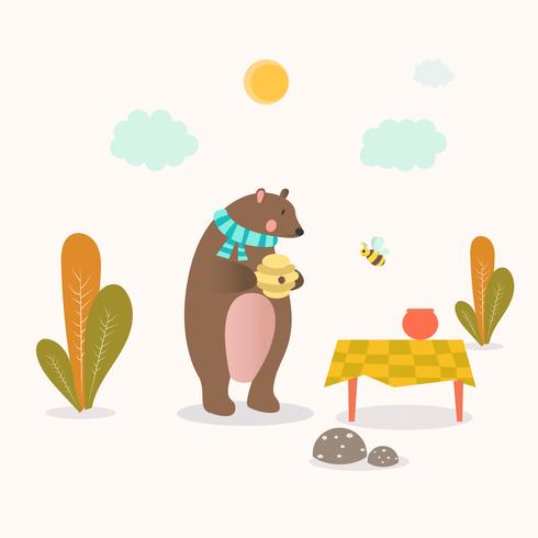 Lindo personaje de oso pardo y una abeja compartiendo miel vector