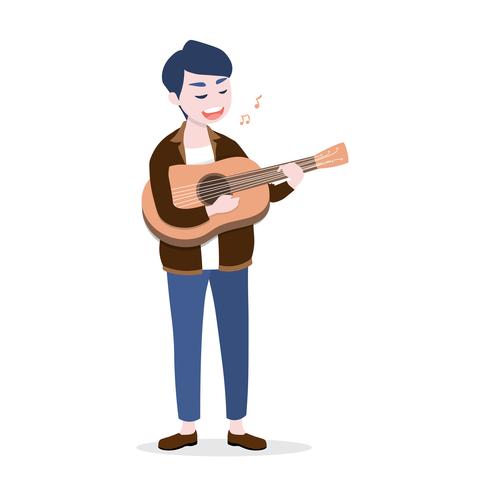 Feliz joven tocando la guitarra y cantar una canción, aislado sobre fondo blanco. vector