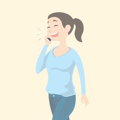 Young cute woman talking on smart phone and smiling happy.  vector