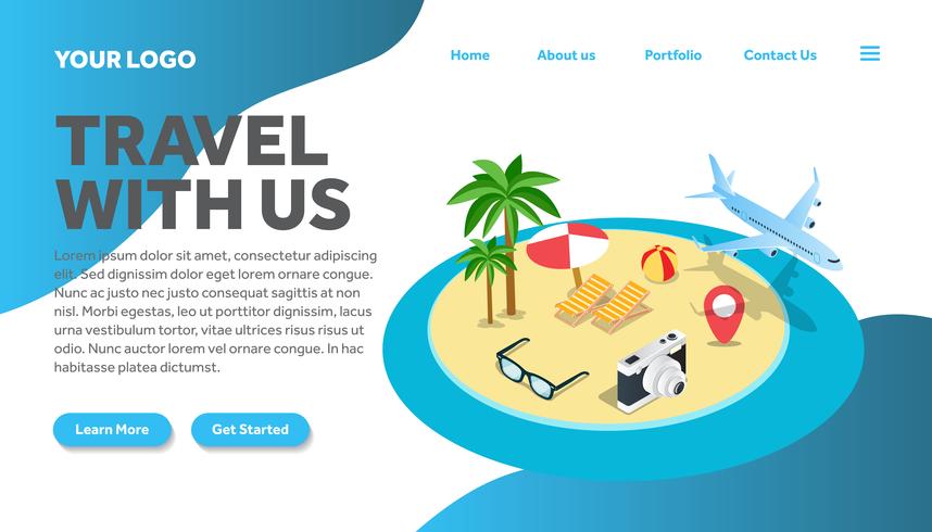 isometric island traveling illustration website landing page vector