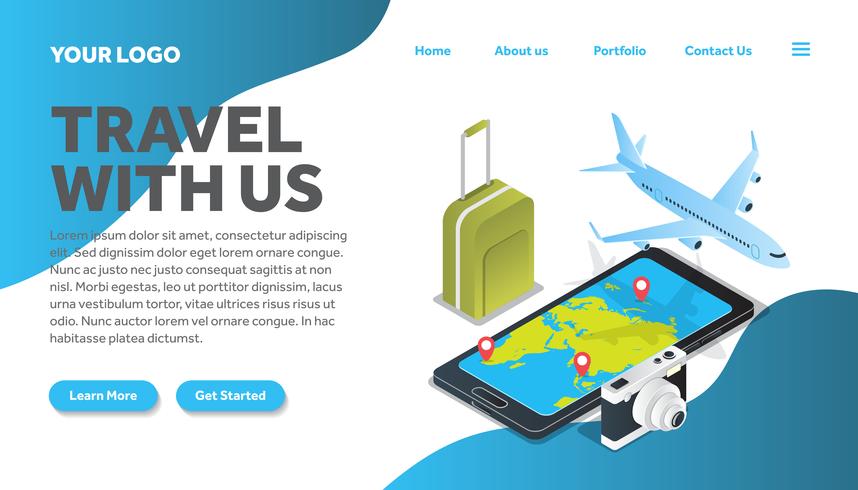 isometric luggage traveling illustration website landing page vector