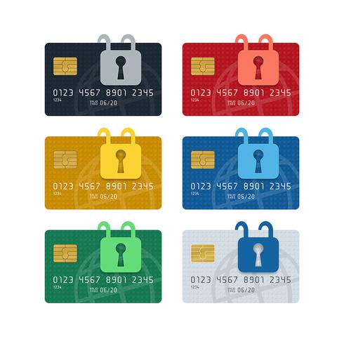 Padlock symbols on credit cards with outlined globe pattern vector