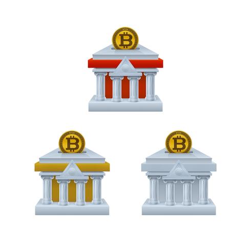 Bank building shaped piggy bank icons with bitcoin vector