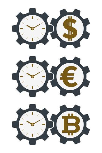 Gear icons with currencies and clock faces