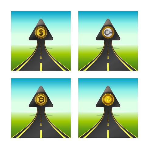 Arrow shaped road with dollar coin rising into sky vector