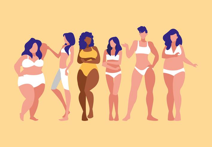 mujeres de diferentes tamaños y razas modelando ropa interior vector