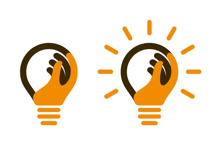 Bulb icons with human hand and light beams vector