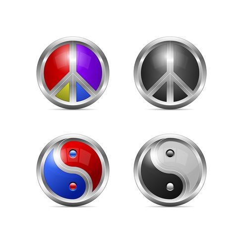 Iconos metálicos de paz y yin yang vector