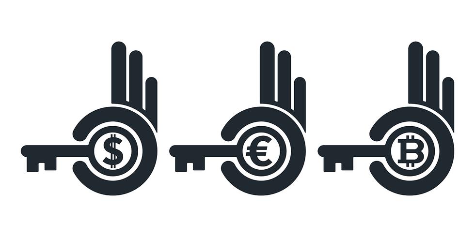 Abstract hands holding keys with currencies vector