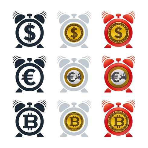 Alarm clock icons with currencies vector