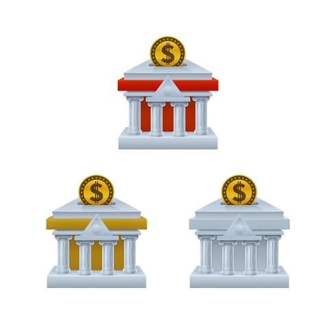 Bank building shaped piggy bank icons with dollar coins vector