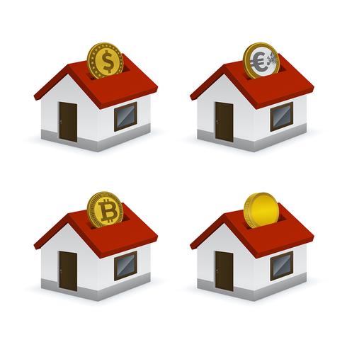 House shaped piggy bank icons with currencies vector