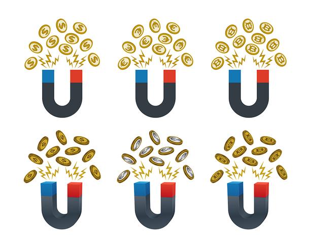 Imanes con monedas de dólar y euro y bitcoins vector