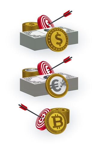Coins, banknotes, target boards and arrow symbols vector
