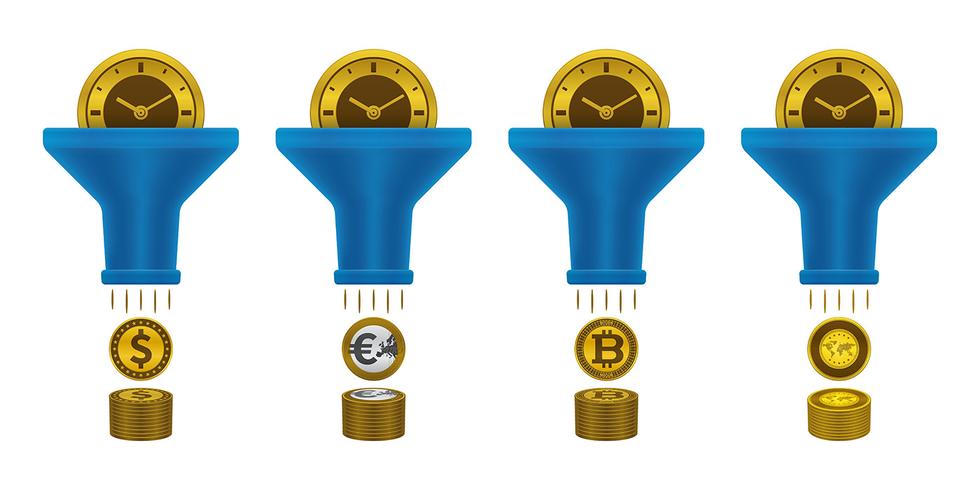 Iconos de monedas, reloj y embudo vector