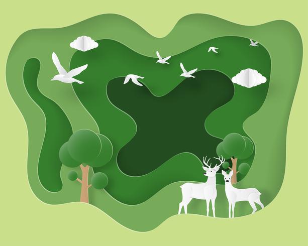 Deer couple in forest in paper cut style vector