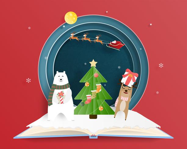 Christmas and Happy new year card in paper cut style vector