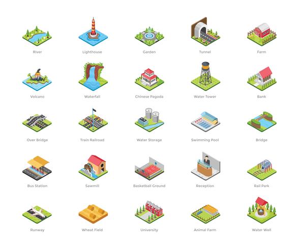 Iconos de arquitectura y actividades recreativas vector