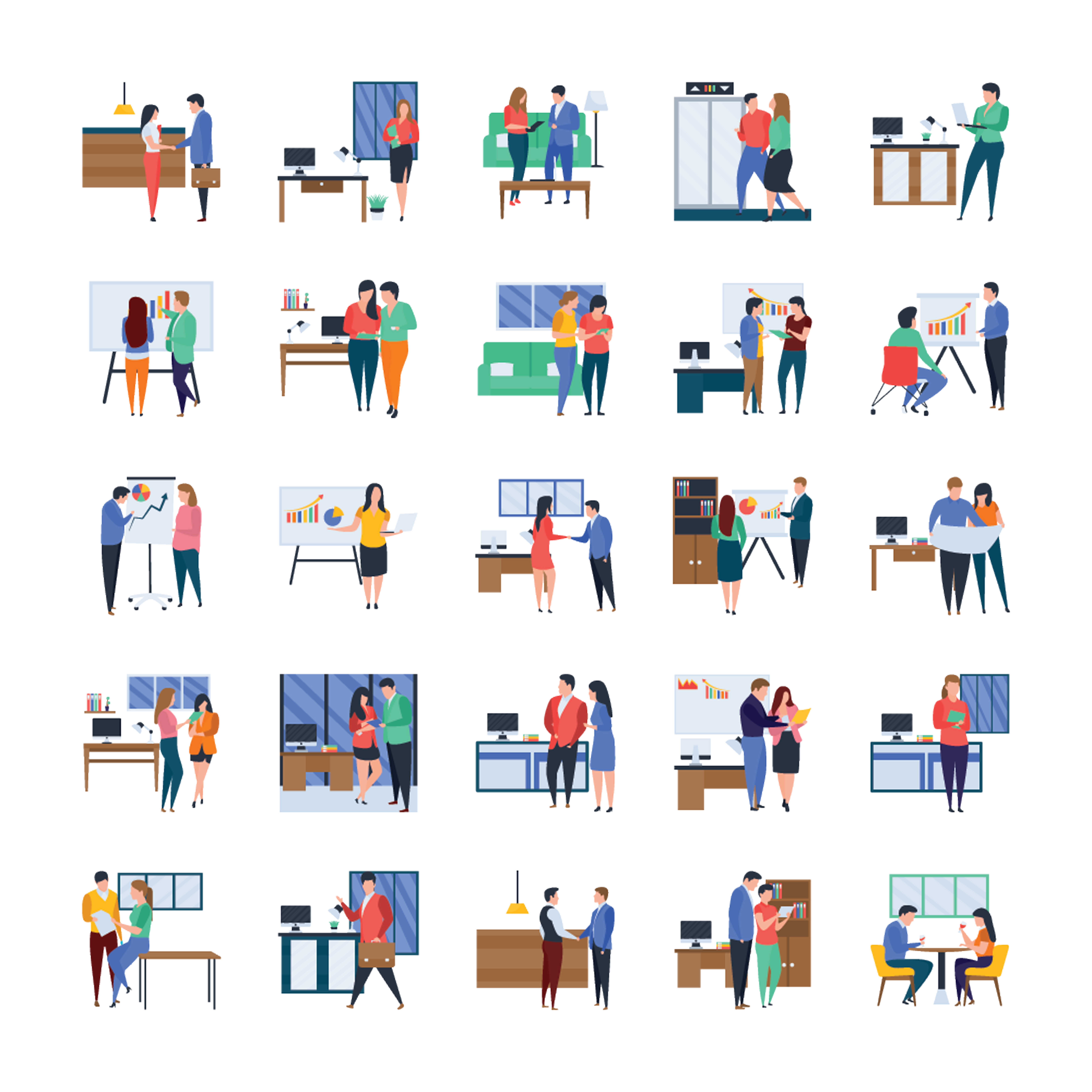 Business Meetings And Work In Progress Flat Icon Pack Vector Art At Vecteezy Business Meetings And Work In Progress Flat Icon Pack Vector Art At Vecteezy