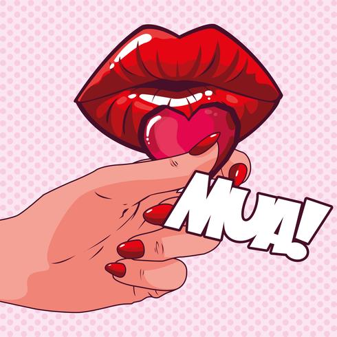 labios femeninos que soplan un beso estilo pop art vector