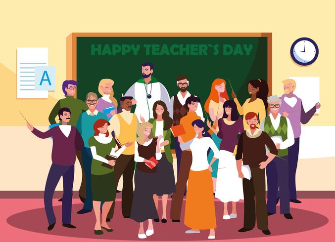 happy teacher day with group of teachers vector