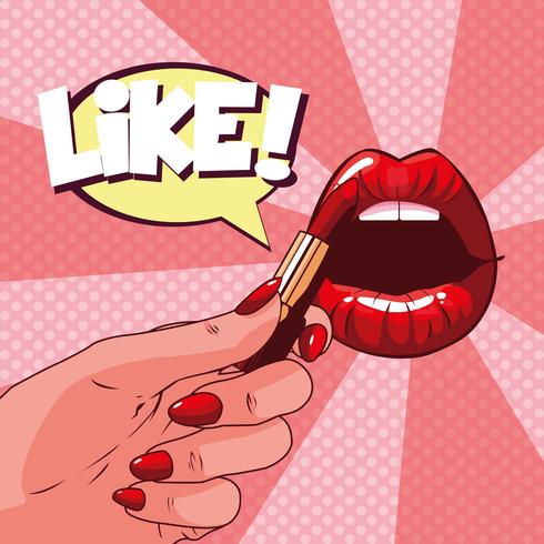 female lips and lipstick pop art style vector