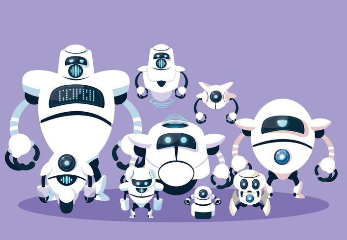 Robot cartoon set over purple background vector