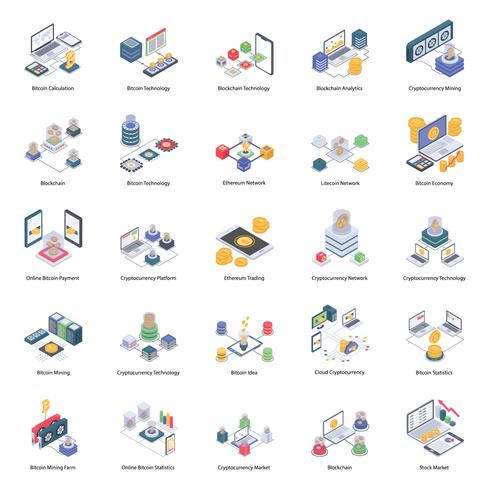 Iconos isométricos de Bitcoin y criptomoneda vector