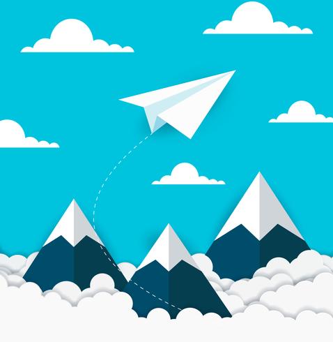 concept of business success. paper plane flying on sky between cloud and mountain vector