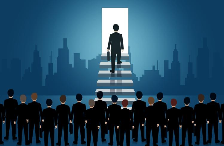 Businessmen walk up the stair to the door of light vector