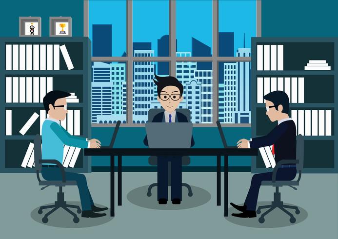 Three businessmen in worker in office sit at the desks with laptop vector