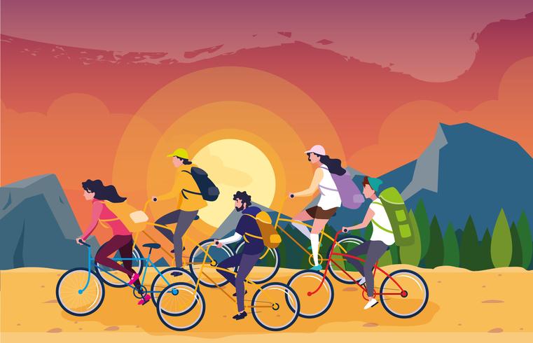 campistas en la hermosa escena del paisaje con bicicletas vector