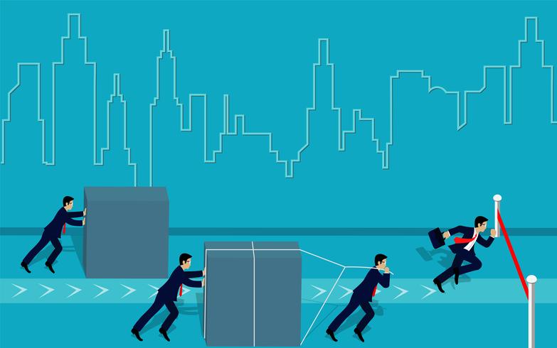 Businessman compettion push the obstacle and run go to the finish line to goal to achieve success on blue background. leadership. creativity idea. Business advantage concept. Vector Illustration