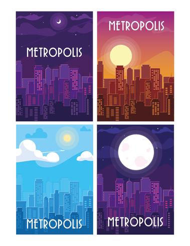 set of metropolis cityscape buildings scenes vector