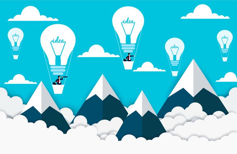 Creative thinking. Businessmen flying in hot air balloons in the sky  vector