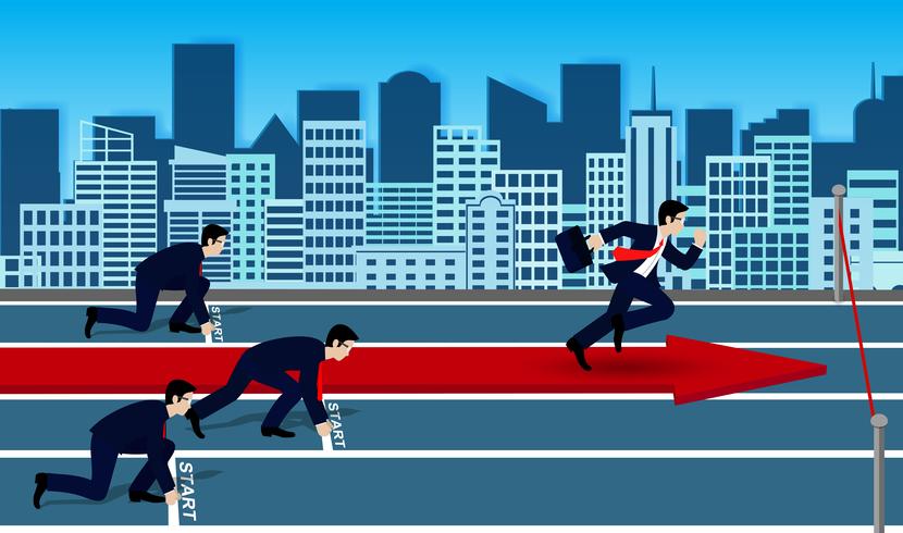 Businessmen competition run to the finish line to success in business.  vector