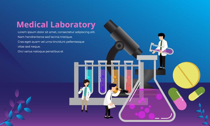 Investigación de laboratorio médico con ciencia vidrio est tubo vector ilustración concepto personas pequeñas, adecuado para papel tapiz, pancarta, fondo, tarjeta, ilustración de libros, página de destino web