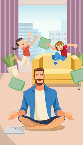 Happy father in Lotus pose with Playing Children vector