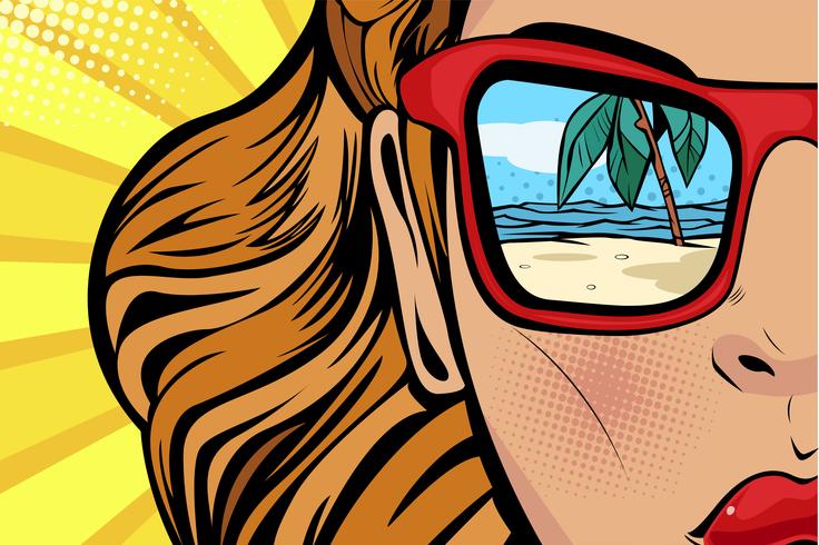 Woman with beach and sea reflection in summer vector