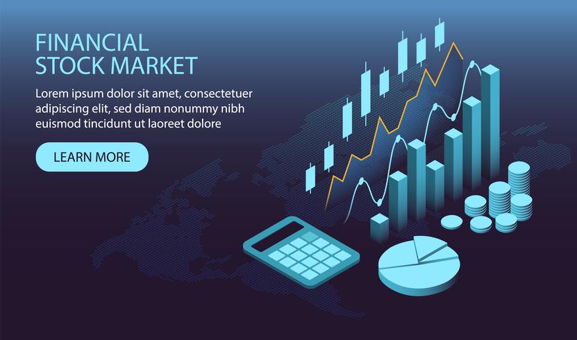 Página web isométrica del mercado de valores financieros vector